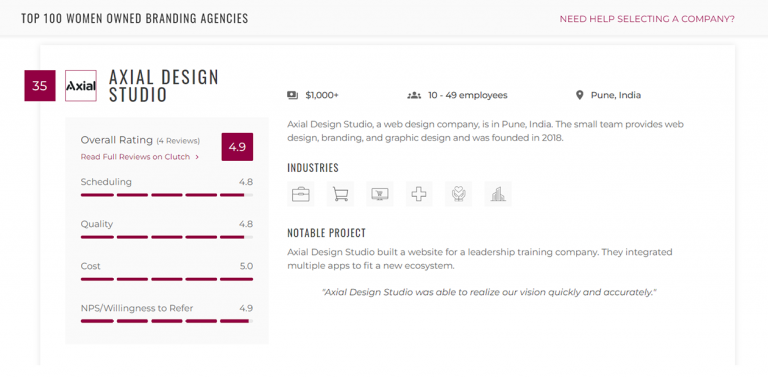 Axial Design studio rank 35 in under 100 top women-owned branding agencies on the manifest